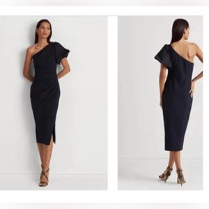 🆕 LAUREN RALPH LAUREN One-Shoulder Crepe Cocktail Dress (Navy Blue) 14 - NWT
